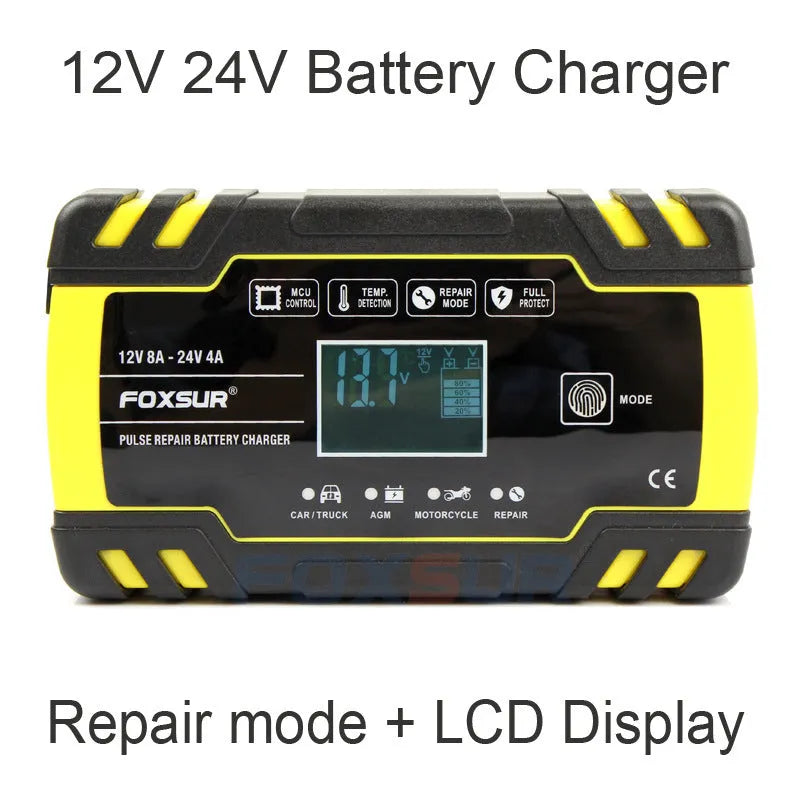Motorcycle and car battery charger unit with digital screen display for 12V and 24V lead-acid batteries.