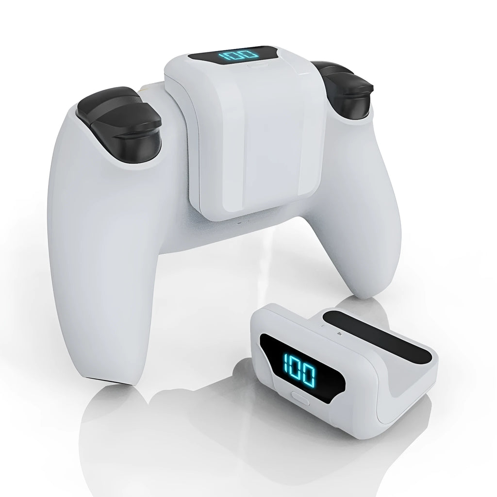White PS5 controller back battery pack with LED display and outer hanging bag