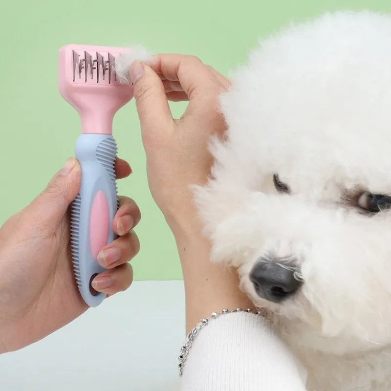 Stainless steel pet grooming comb with rubber massage tips in pink or purple colour
