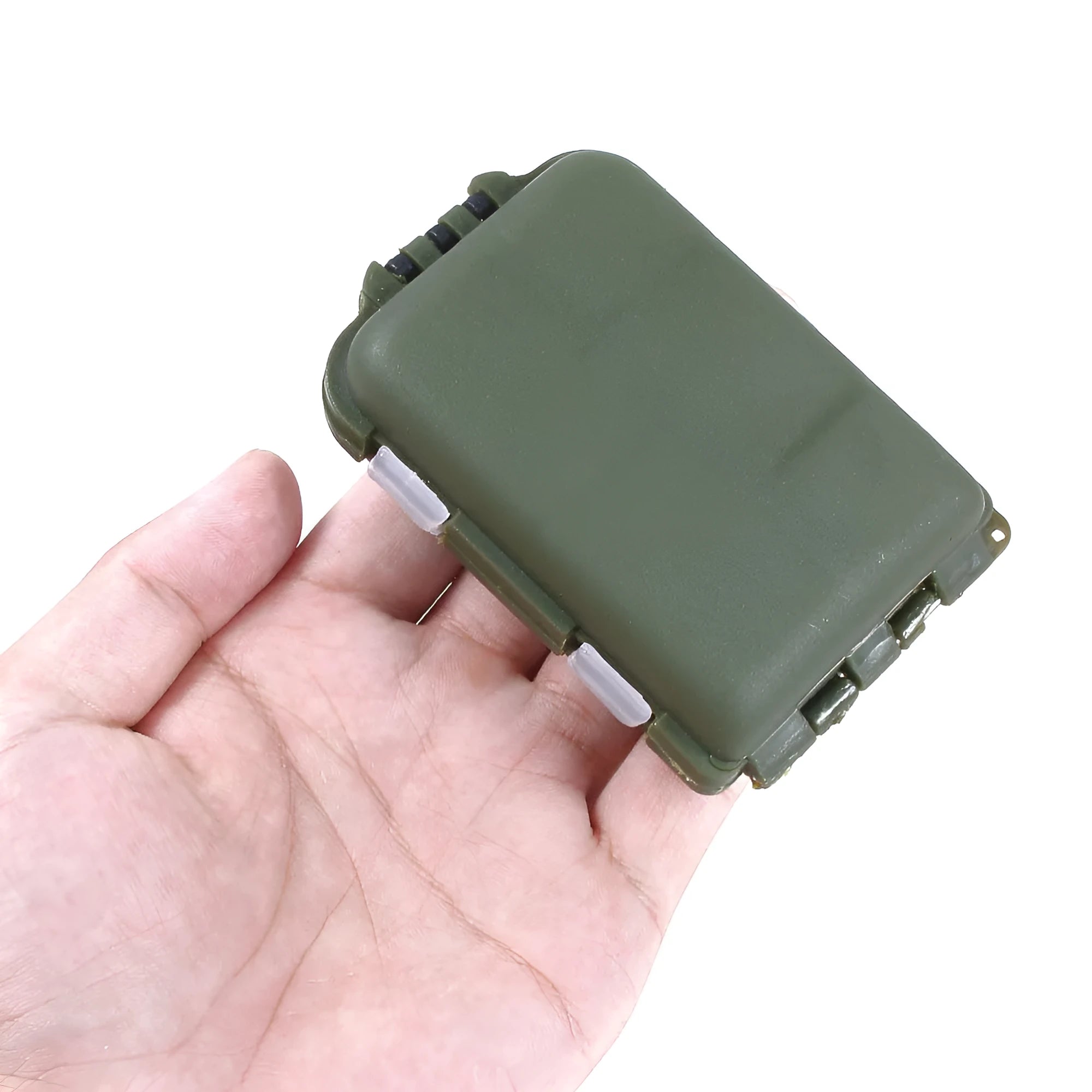 Black plastic fishing tackle storage box with 10 internal compartments, shown next to a ruler indicating 95mm length.