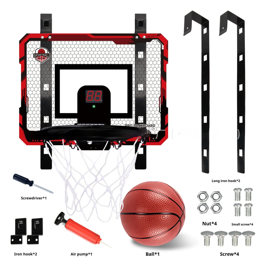 Red folding basketball frame with suction cup mount and 16cm ball, shown in a child's bedroom.