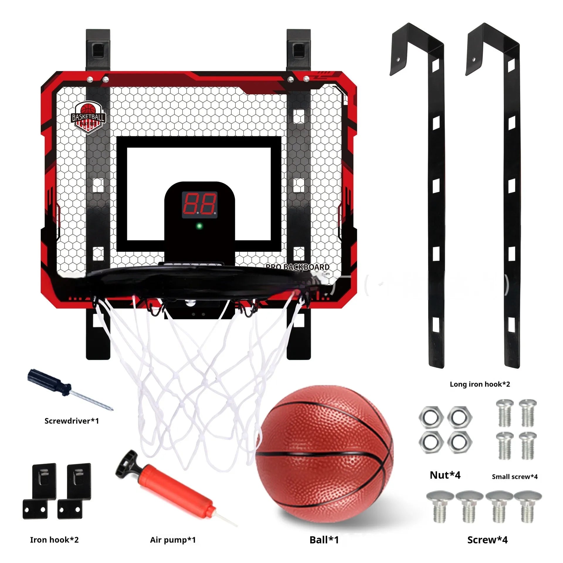 Red folding basketball frame with suction cup mount and 16cm ball, shown in a child's bedroom.