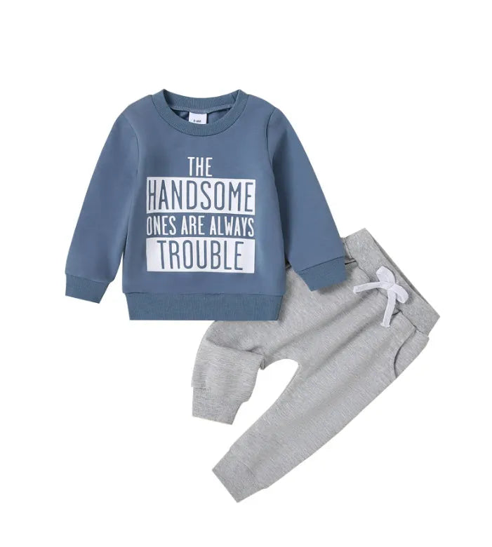 Baby knitted cotton casual suit with letter print top and trousers in navy blue