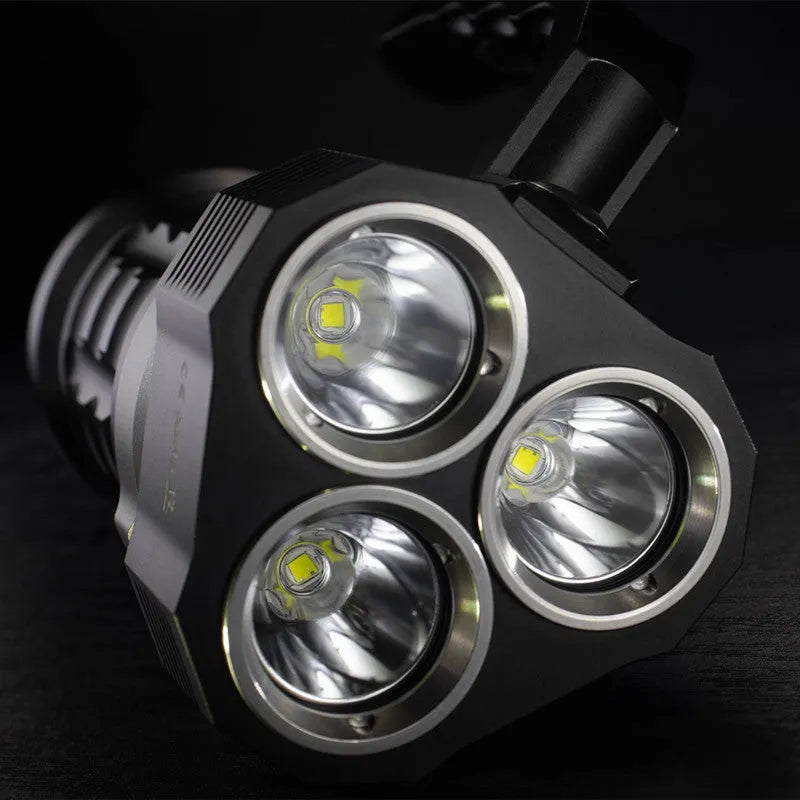 Aluminium alloy diving flashlight with 350 lumen output, shown with optional battery charger.