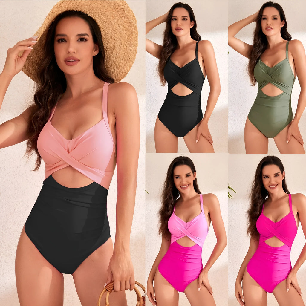 Women's solid colour high-waisted one-piece swimsuit on a hanger, showing the Rose Red colour option.