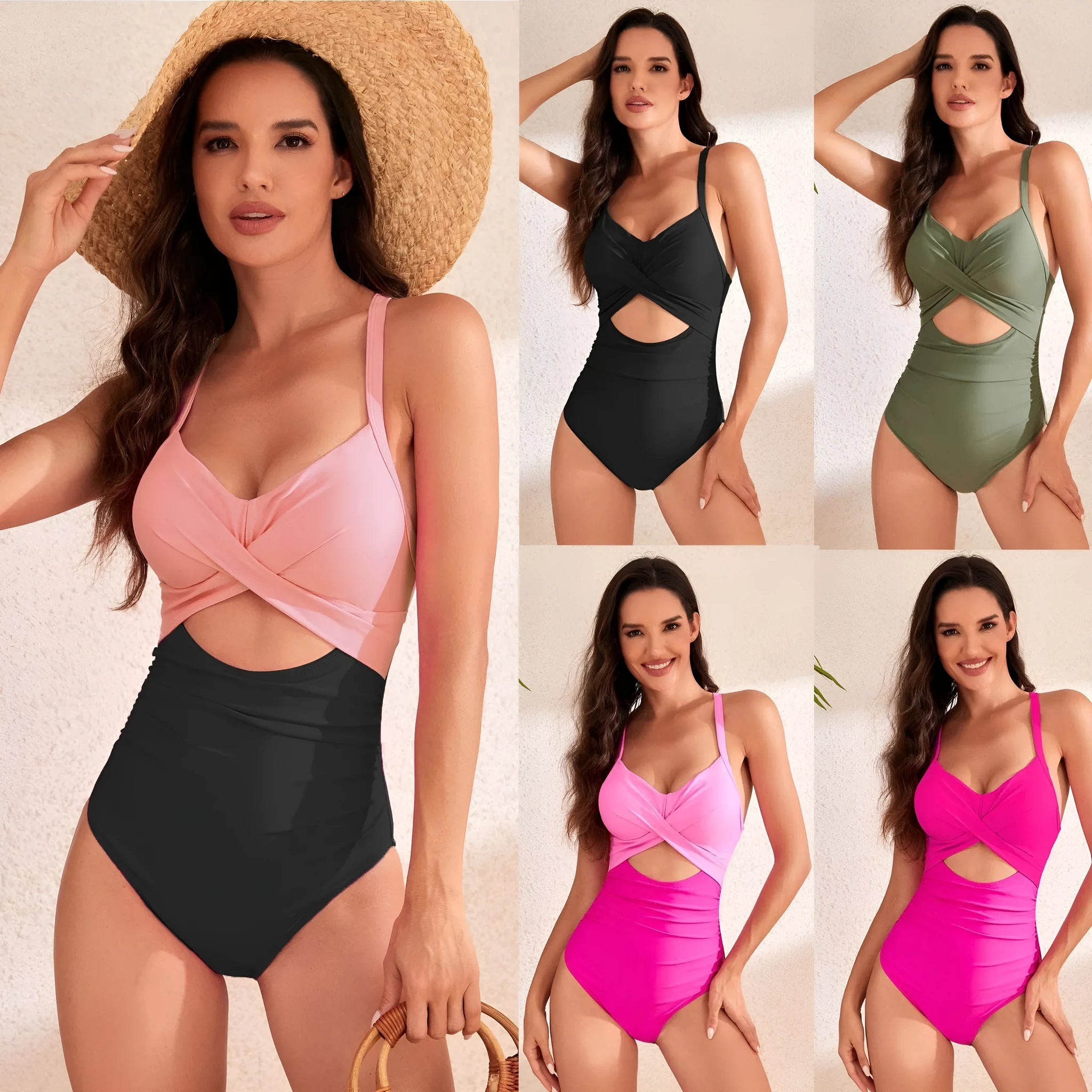 Women's solid colour high-waisted one-piece swimsuit on a hanger, showing the Rose Red colour option.
