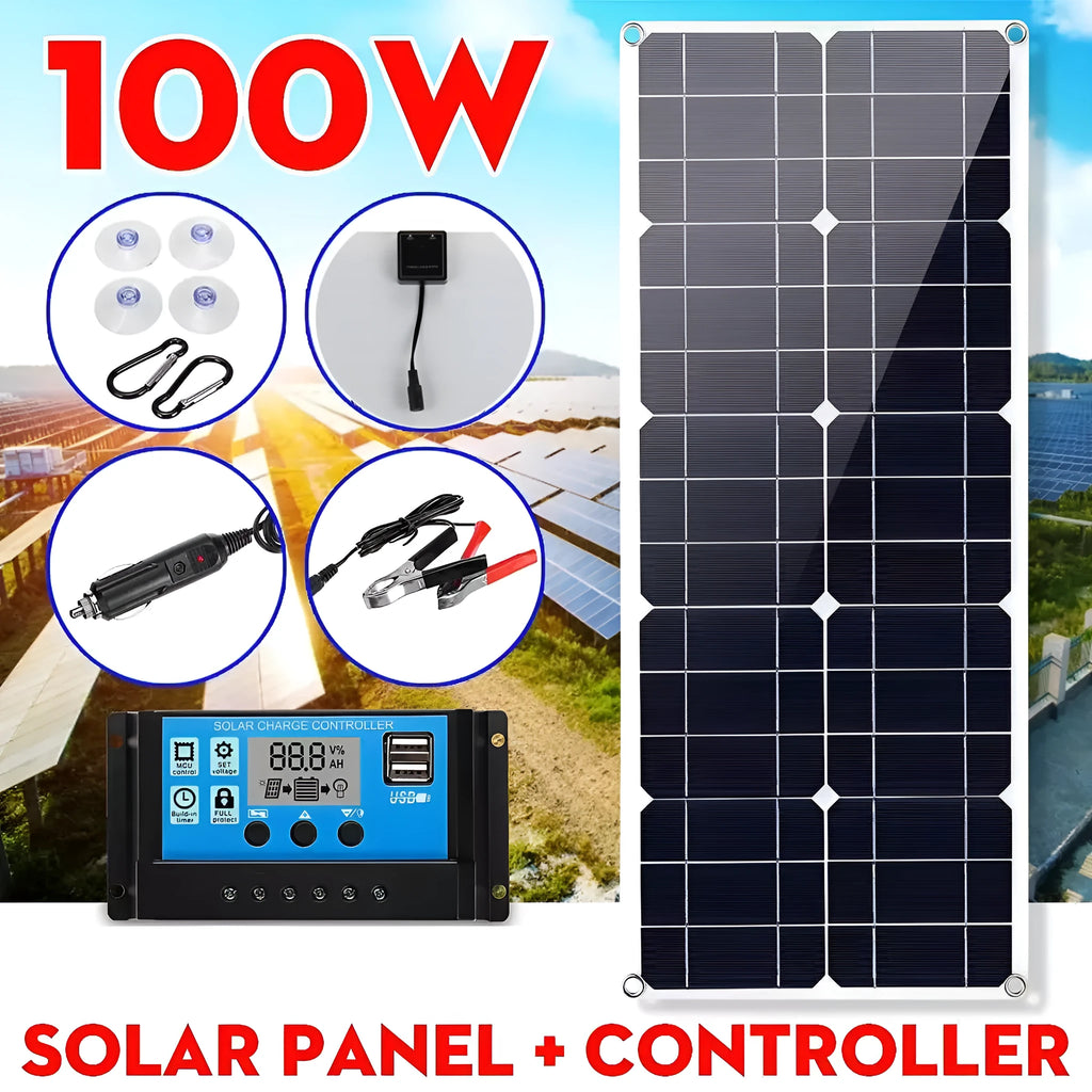 30W semi-flexible black solar panel showing USB port and output cables on a textured surface.