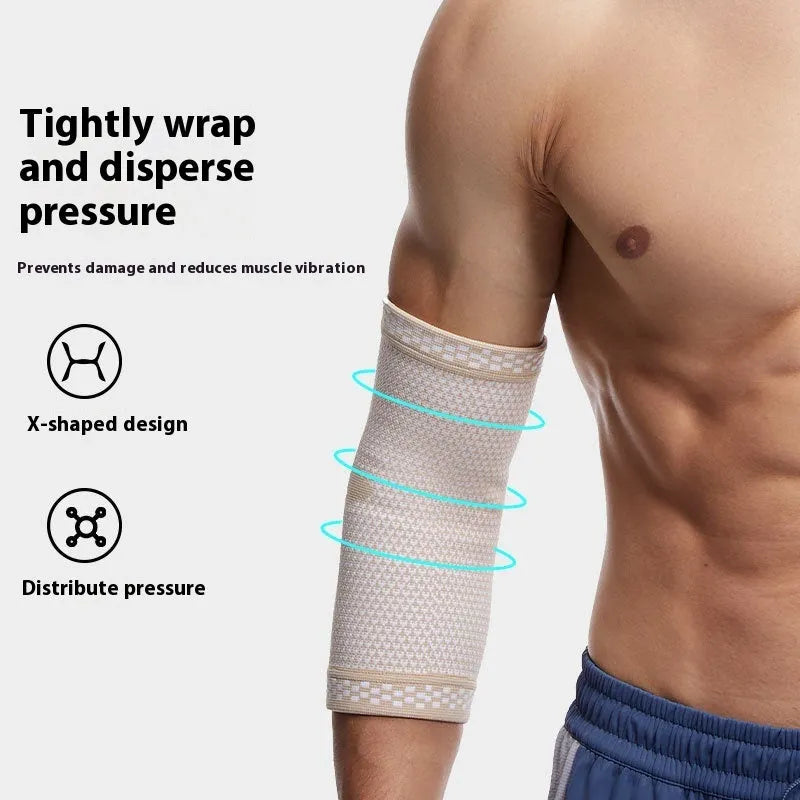 Breathable knitted nylon sports elbow guard for summer, available in black blue, black grey, and skin colour