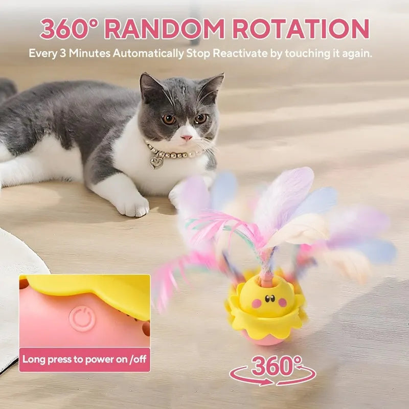 Pink interactive automatic cat feather toy with 360° rotation, LED lights, and detachable feathers for indoor cats.