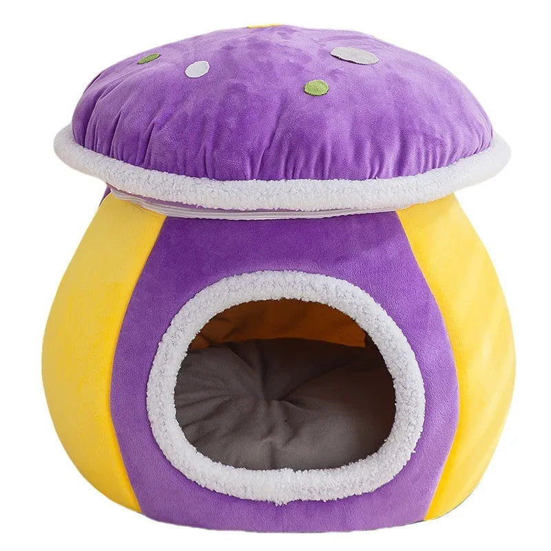 Grey plush mushroom-shaped cat bed with a high, padded rim and a cat curled up inside.
