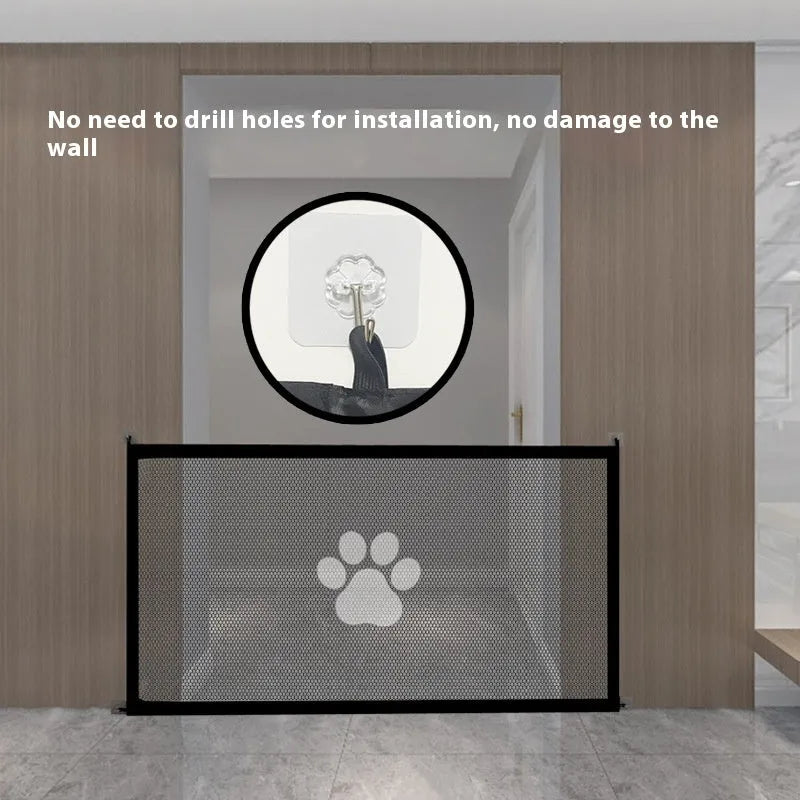 Portable folding dog barrier net with plastic rod frame in black dog footprint design