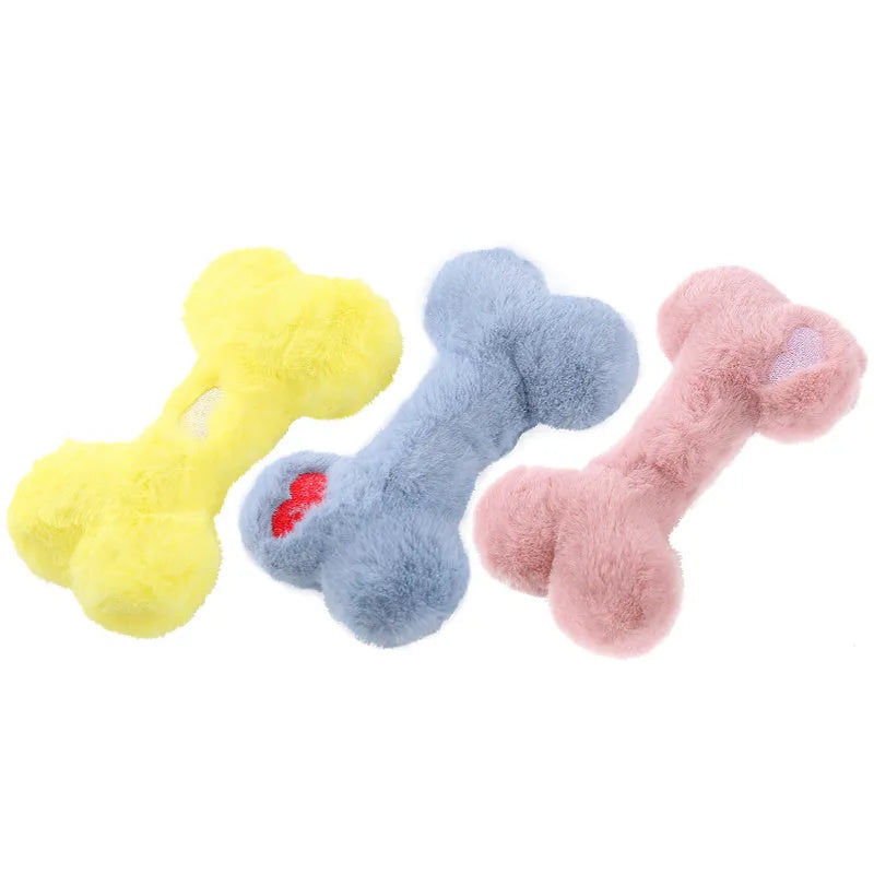 Blue heart-shaped love bone plush dog toy with a squeaker for interactive pet play.