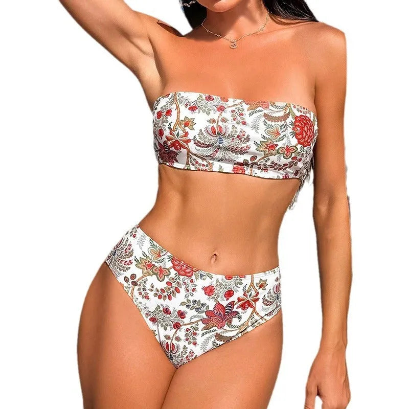 Women's printed bandeau triangle top and matching swim shorts set on a beach background