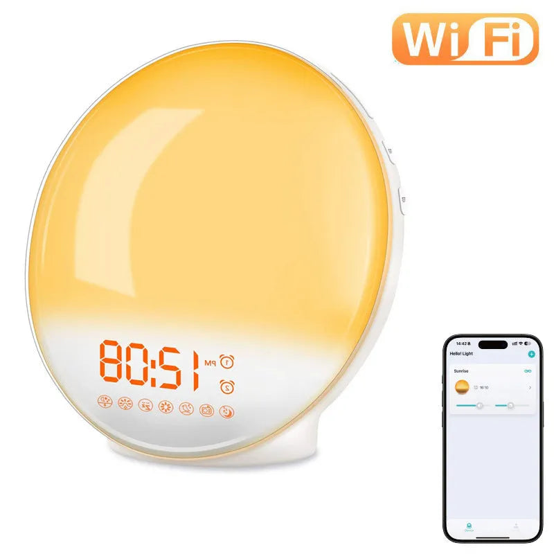 Smart wake-up light alarm clock with APP control, 10mm thick ABS shell, modern simplicity, includes charging cable