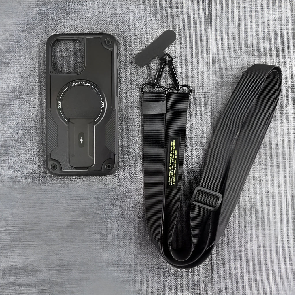 Magnetic invisible bracket phone case for iPhone showing frosted hard bottom and soft edge in Titan Gray