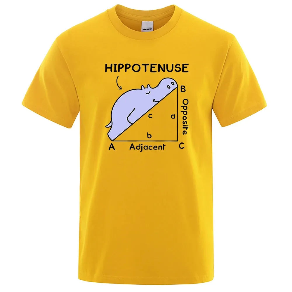 White cotton t-shirt with a large printed humorous triangle diagram labelled Hippotenuse, Opposite, Adjacent.