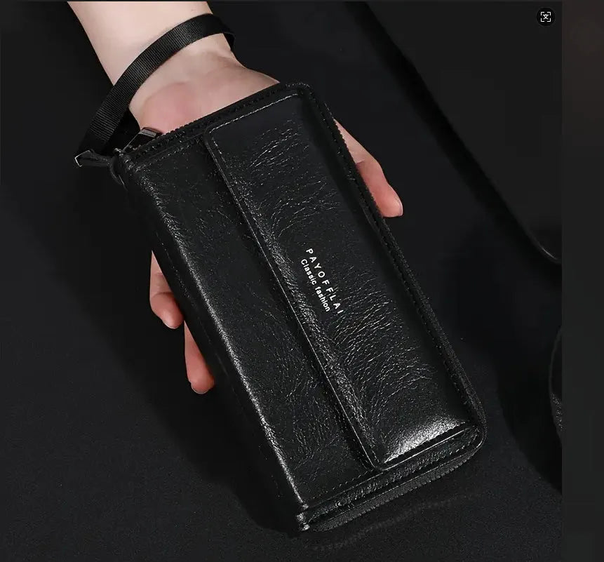 Men's black PU leather wallet showing multiple card slots, displayed next to a brown and coffee coloured version.