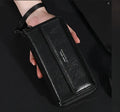 Men's black PU leather wallet showing multiple card slots, displayed next to a brown and coffee coloured version.
