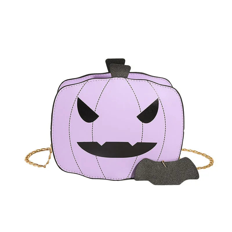 Halloween cartoon pumpkin shoulder bag for girls in colour options with chain crossbody strap on white background