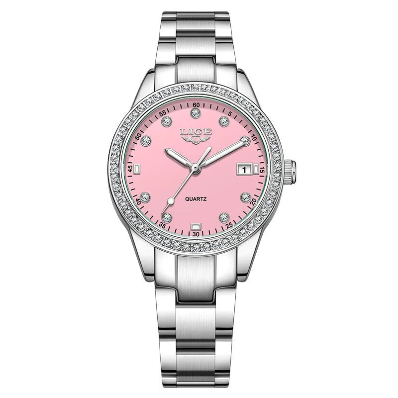 Women's silver fashion watch with diamond bezel, round white dial, luminous hands, and stainless steel bracelet.