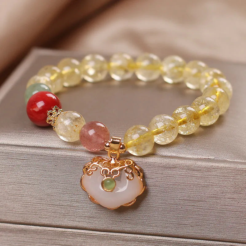 Natural citrine jade Ruyi pendant bracelet for women with yellow hair crystal patterns on alloy chain