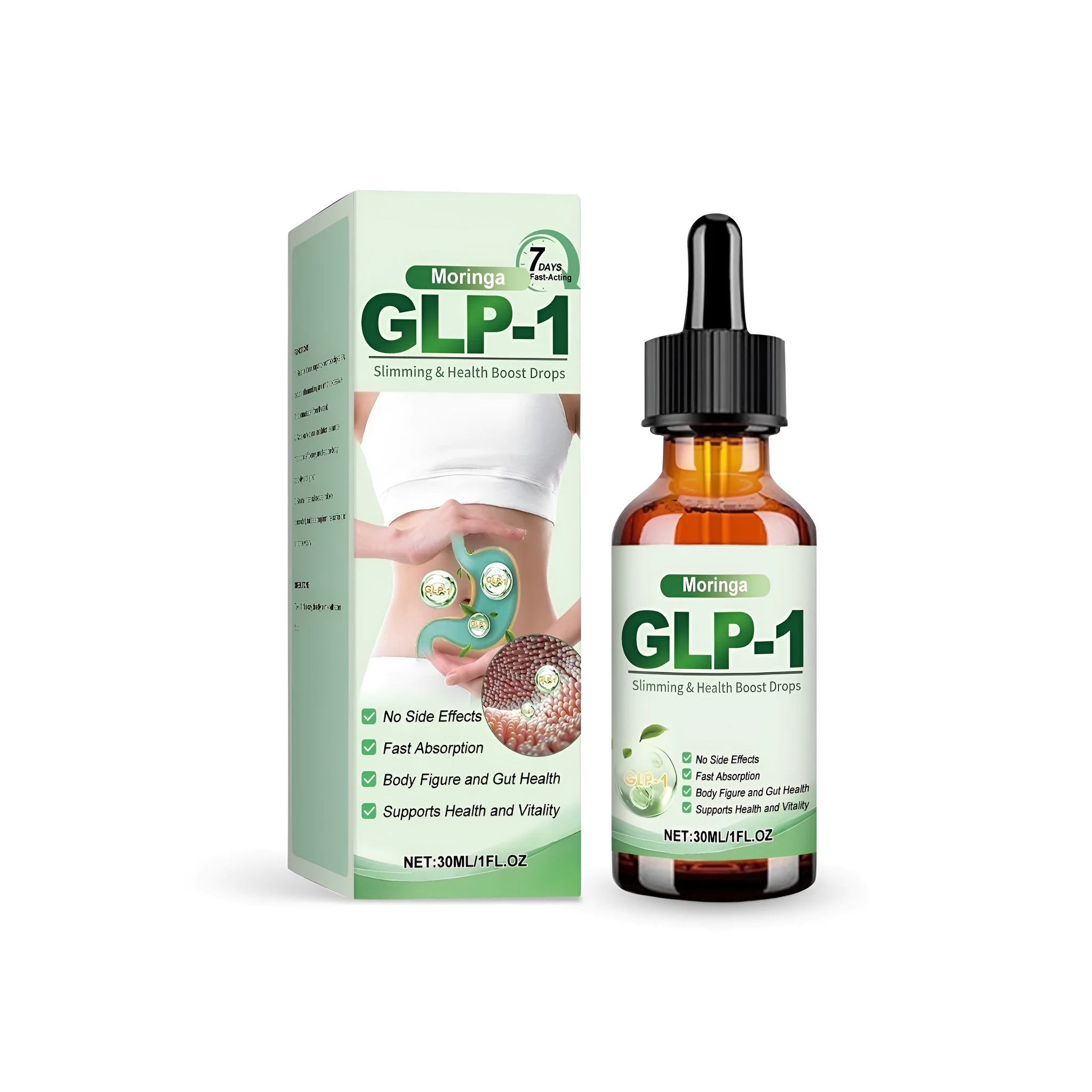 30ml bottle of moringa leaf extract dietary supplement drops with a dropper.