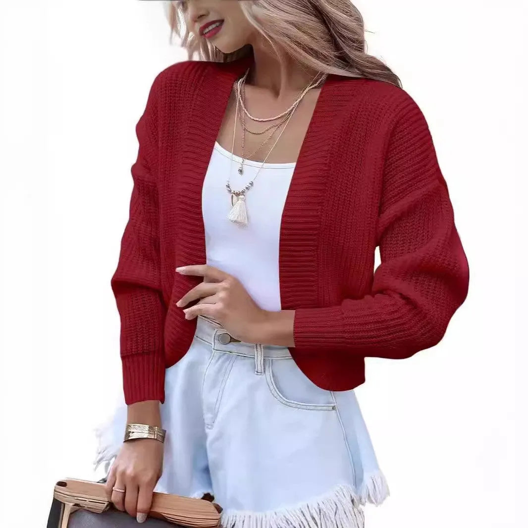 Women's short cape knitted cardigan sweater in solid colour, long sleeves, polyester, open-front style