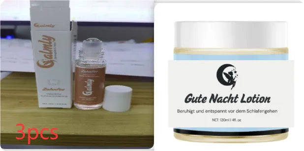 Set of three rolling ball tooth pain relief applicators and 10ml body cream in coordinated packaging