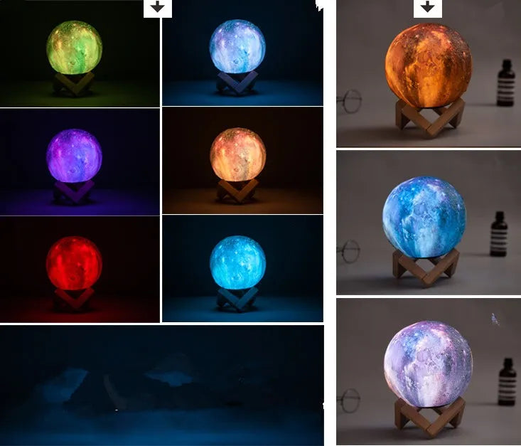 3D-printed lunar sphere night light showing colour-changing LEDs with a remote control.