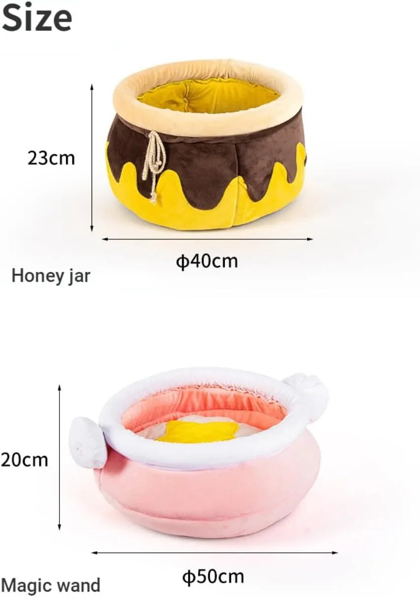 Pink honey pot-shaped soft cat bed with a removable plush pad, for small cats and dogs.