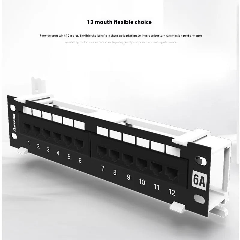 Black 12-port network distribution frame with cold rolled steel construction and hook bracket