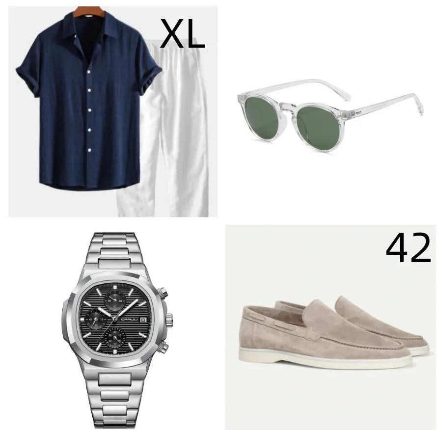 Casual loose-fit linen and cotton short sleeve suit set in navy blue, shown with included glasses shoes and watch.
