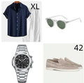 Casual loose-fit linen and cotton short sleeve suit set in navy blue, shown with included glasses shoes and watch.