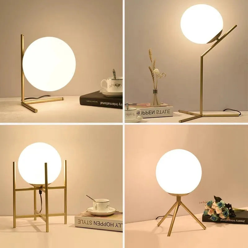Glass shade LED desk lamp showing three size options and three-tone light colours on a desk.