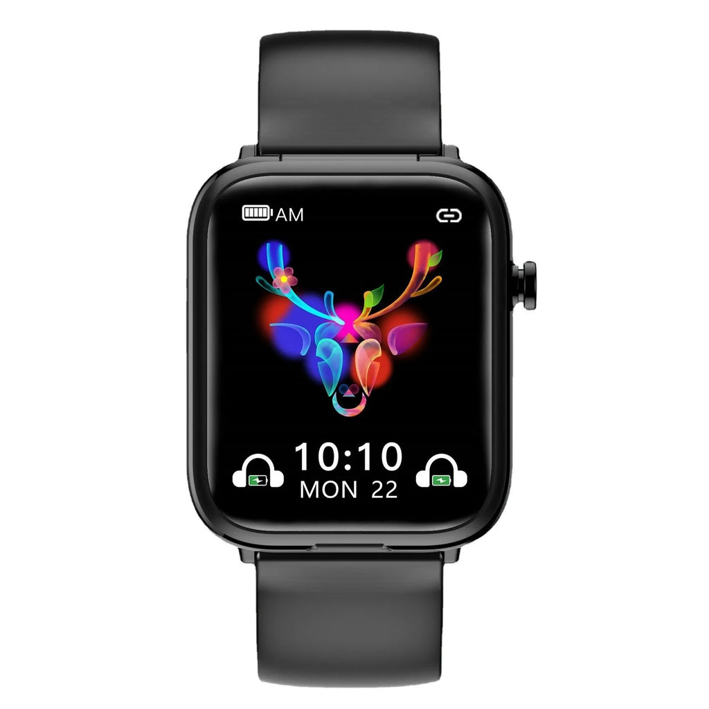 Black all-touch smart Bluetooth headset watch with separate wireless earbuds on a magnetic charging case.