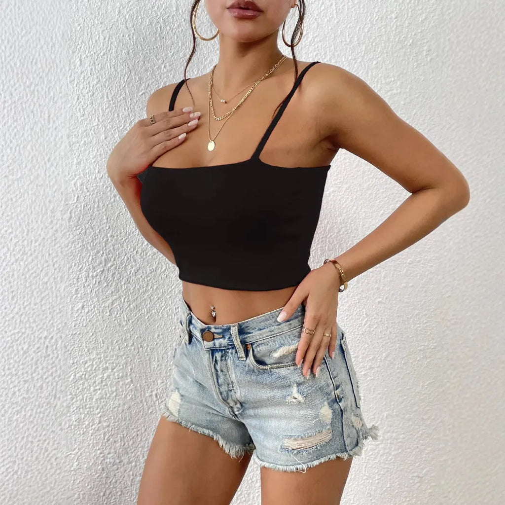 Women's crop top with camisole inside and outside, solid colour polyester vest, slim fit street style