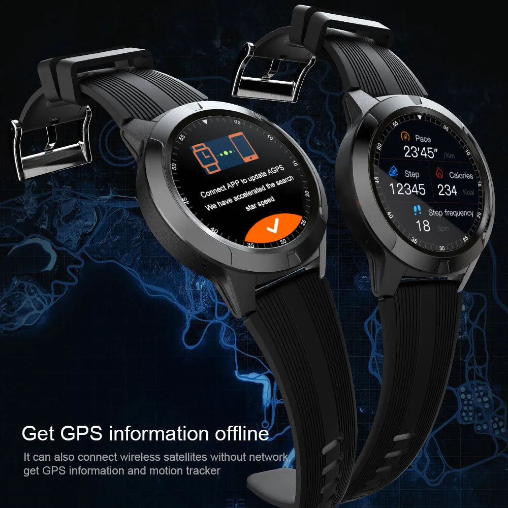 Black men's smart watch with 1.3 inch screen showing fitness metrics