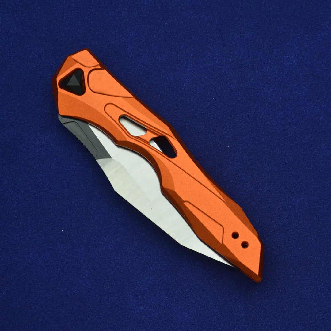 Black folding fruit knife with D2 steel blade and aluminium handle, shown open with measurements.
