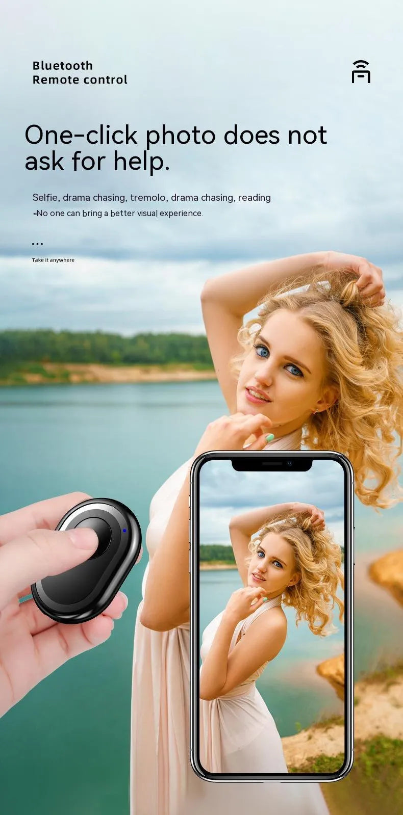 Wireless Bluetooth remote self-timer control for smartphone photography in black colour