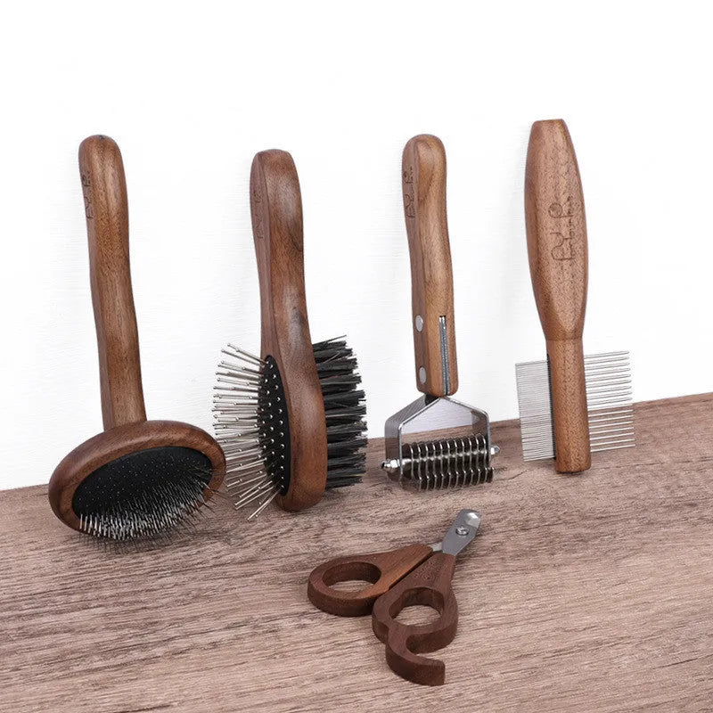 Wooden pet grooming comb set with double-sided comb, rake comb, knot comb, row comb, and nail clippers in storage bucket
