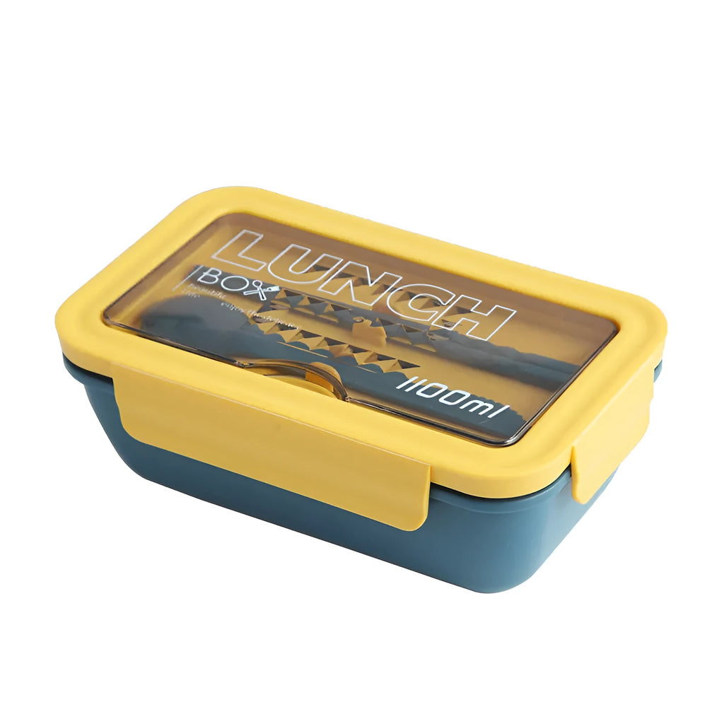 Four-layer partitioned plastic bento lunch box in Nordic style showing green, red and yellow colour options