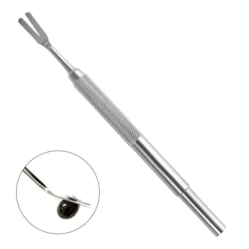 Close-up of stainless steel tick removal tweezers with fine tip and ergonomic handle for pets.