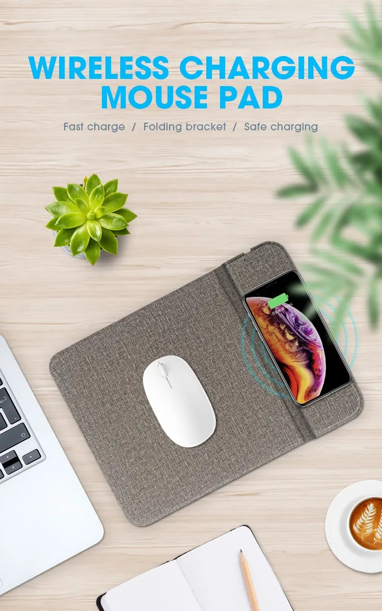 Foldable cloth phone stand with integrated wireless charging pad showing charging specs.