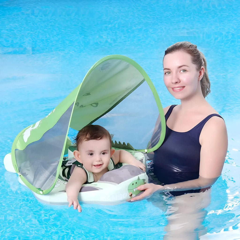 Avocado green dinosaur baby swimming ring with sun shade for infants 3-24 months