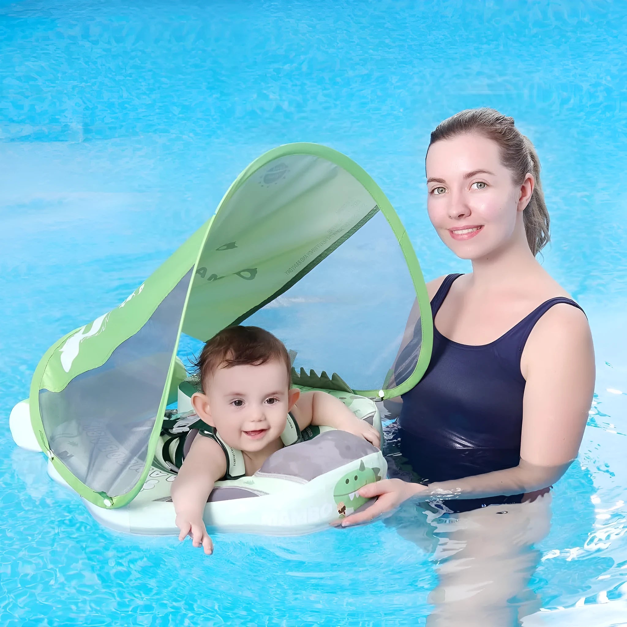 Avocado green dinosaur baby swimming ring with sun shade for infants 3-24 months