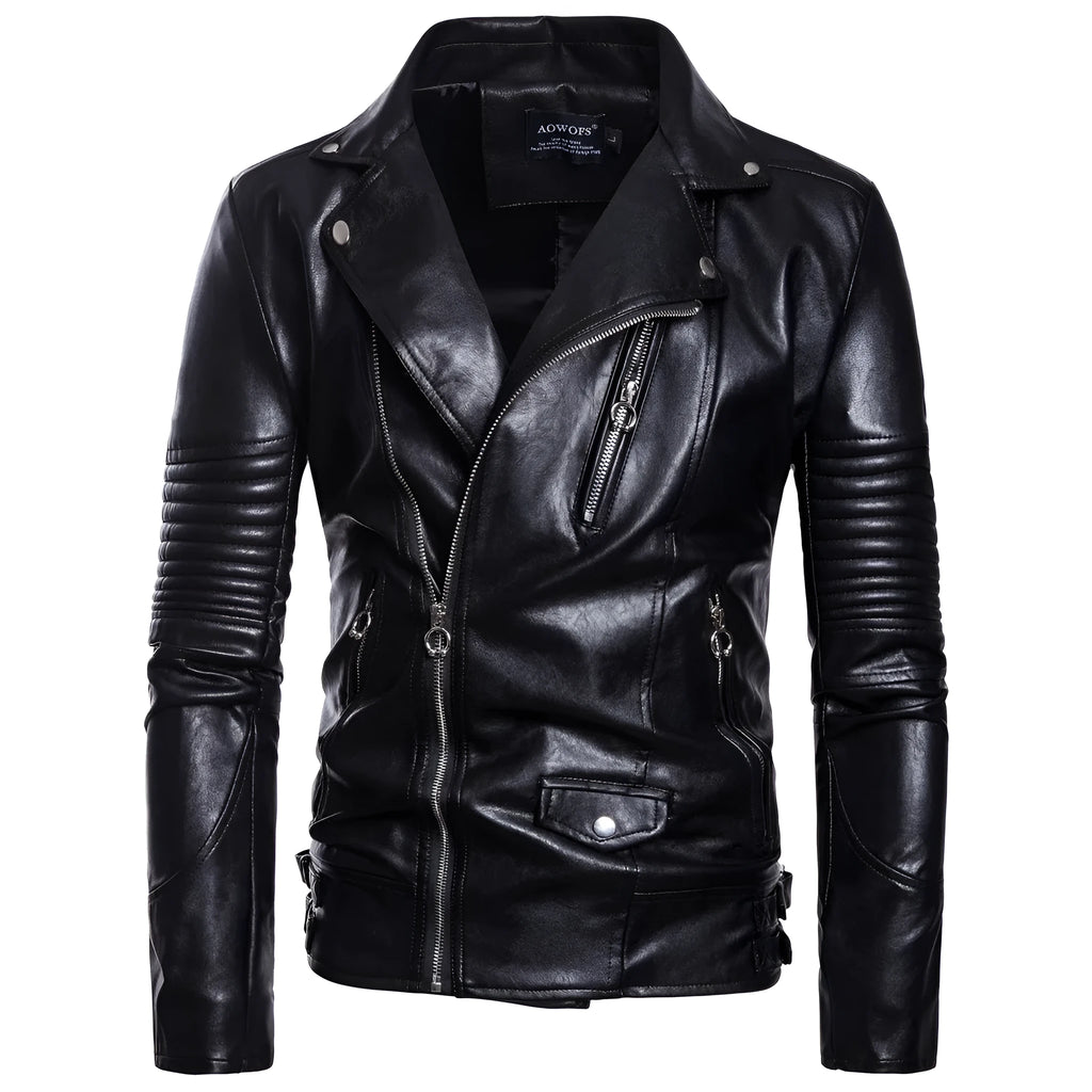 Men's black sheepskin leather jacket with suit collar and zip front, fit cut, not hooded