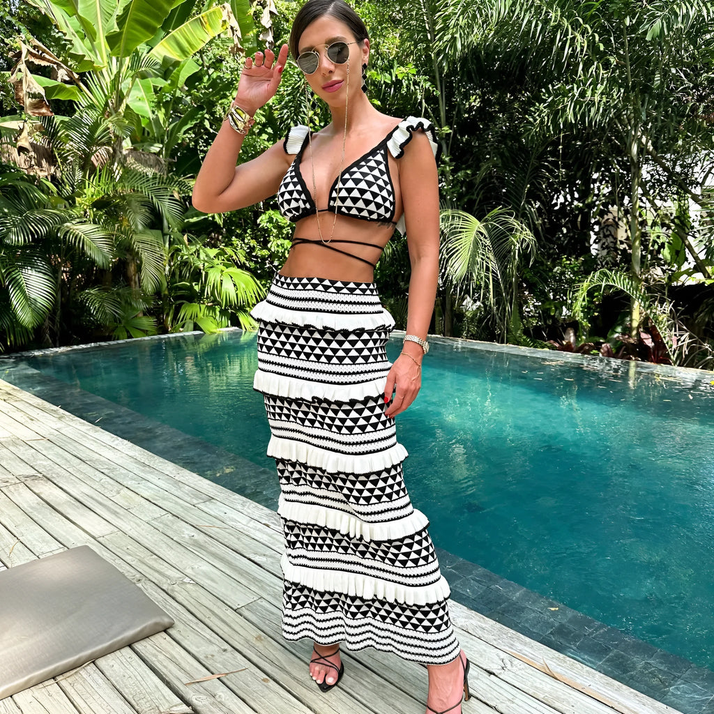 Striped black and white bikini set with ruffled spaghetti straps top and long knitted skirt