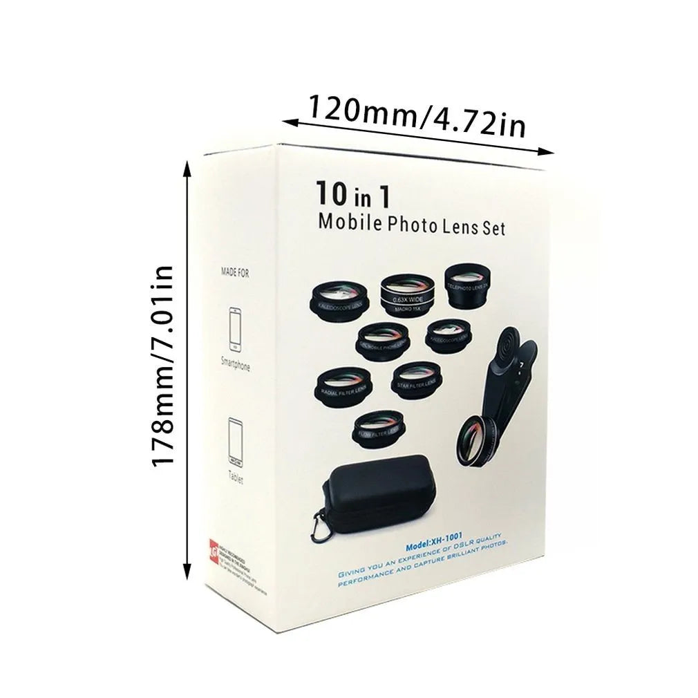 Ten-in-one mobile phone camera lens set with black aluminium-magnesium alloy housing and HD glass optics