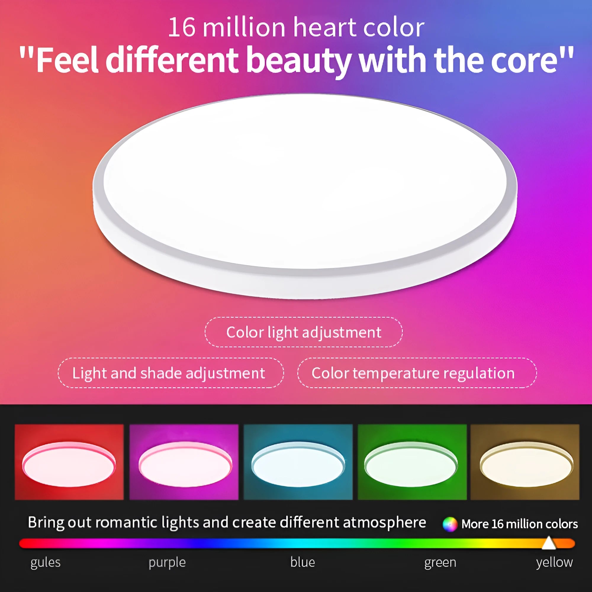 RGBCW Bluetooth ceiling lamp with colour mixing and dimming control in black or white