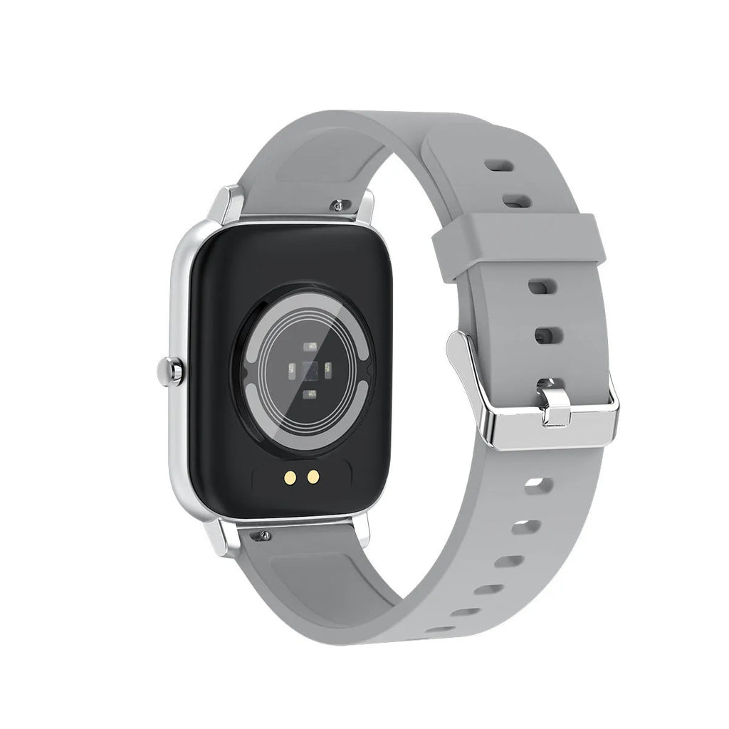 H80 black smart watch on wrist showing heart rate graph on its 1.69-inch spherical tempered glass screen.
